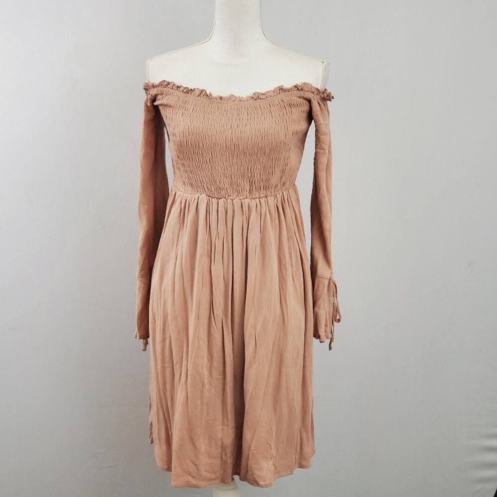 LLove Tan Shirred Smocked Peasant Mini Dress Bell Sleeve Boho Cottagecore NWT S - Picture 6 of 8